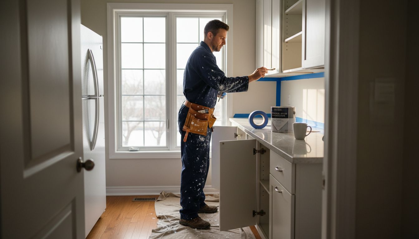 Painter preparing Ottawa kitchen cabinets