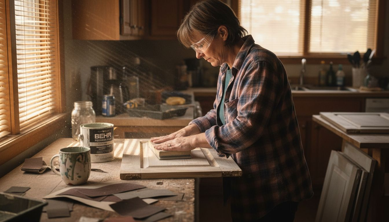Homeowner sanding kitchen cabinet door