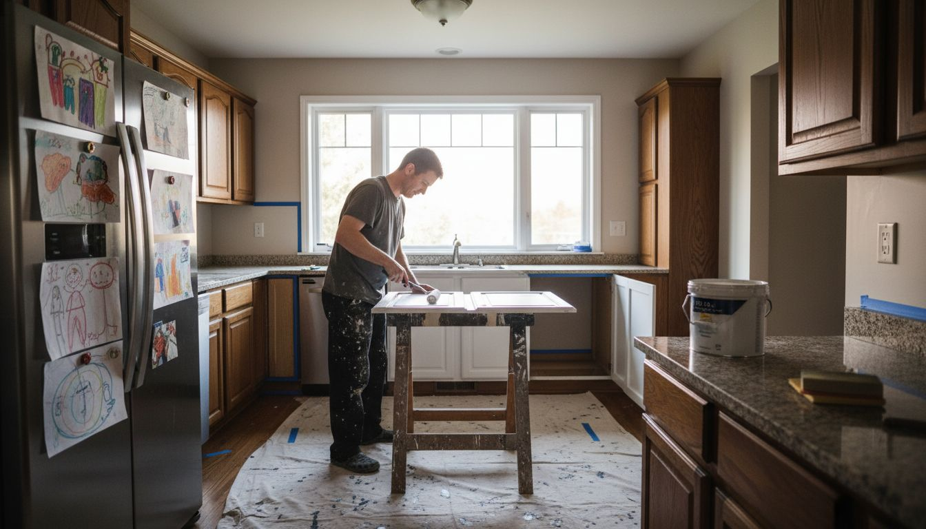Ottawa homeowner painting kitchen cabinets in sunlight
