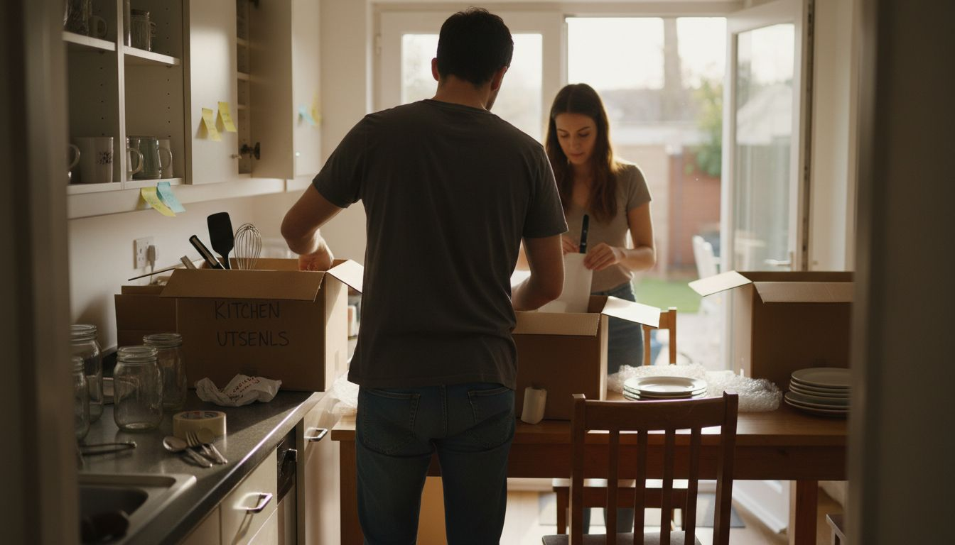 Couple organizing kitchen before refacing