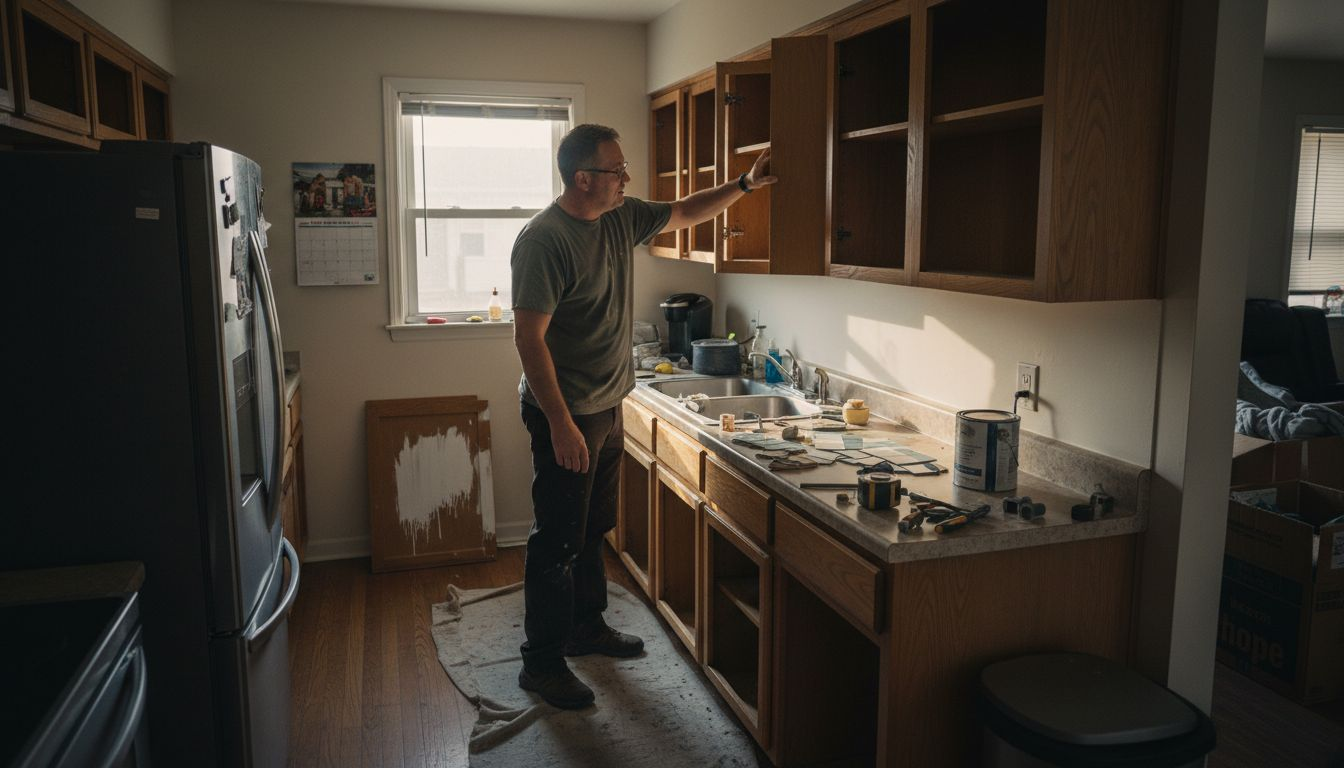 Homeowner inspecting kitchen cabinet refacing project