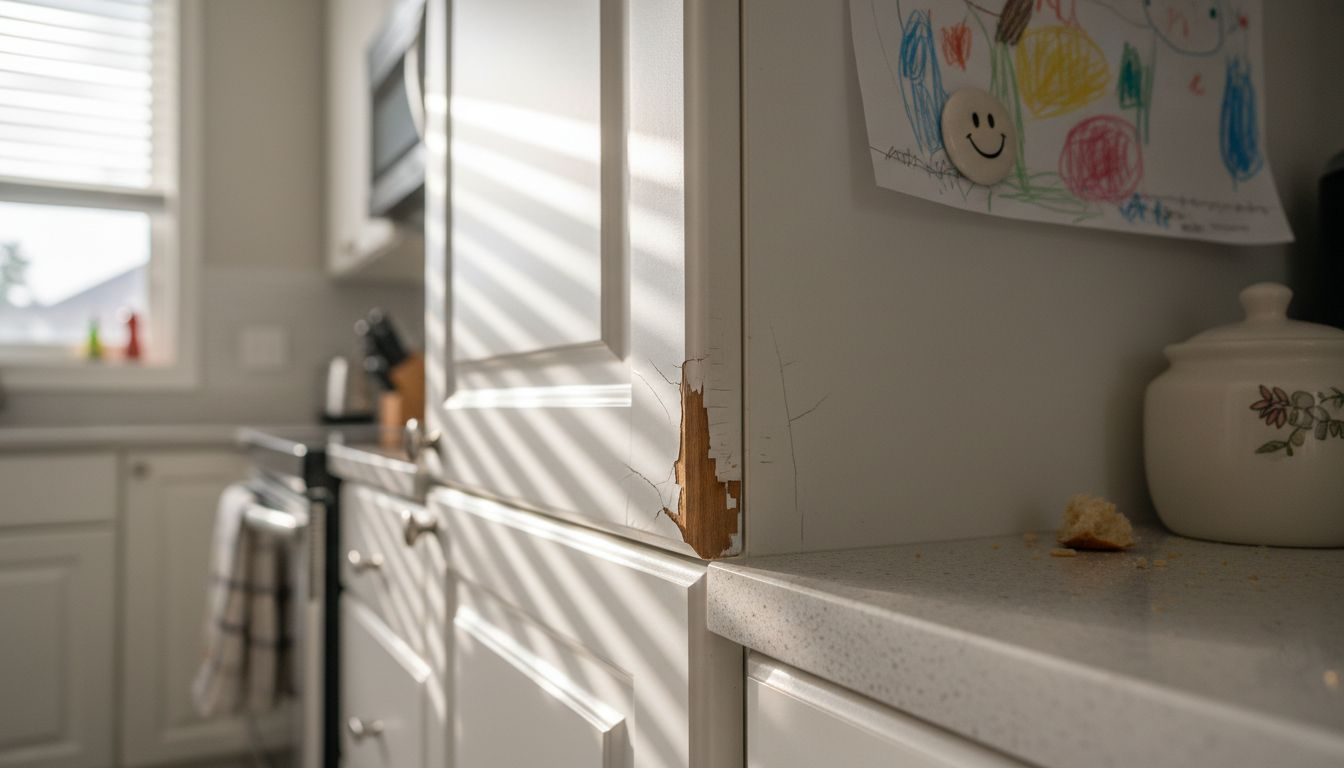 Closeup of peeling cabinet paint by handle
