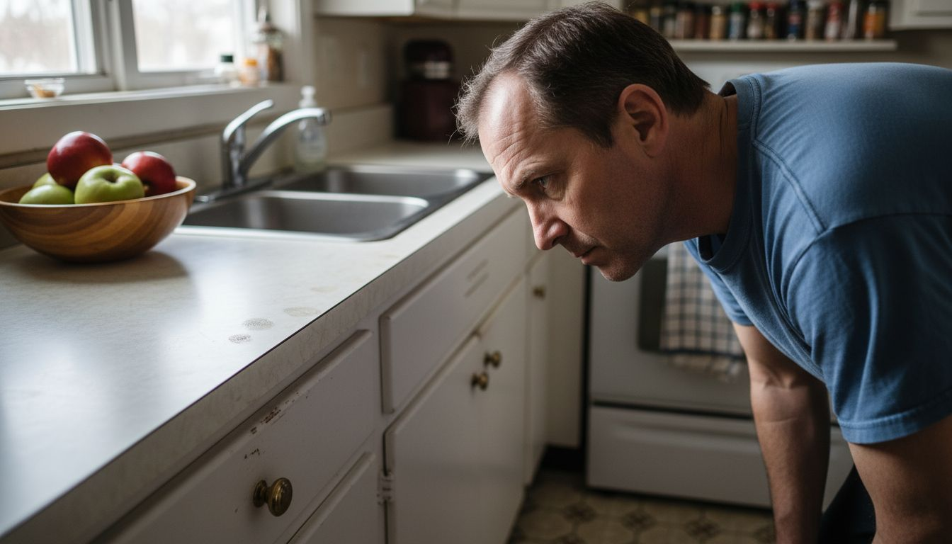 Man inspecting chipped painted kitchen cabinet