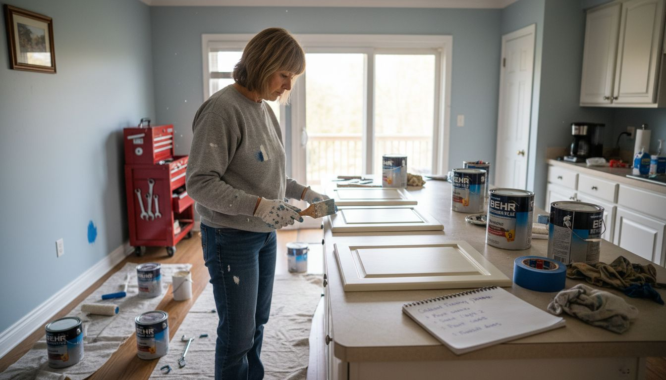 Homeowner views freshly painted kitchen cabinets