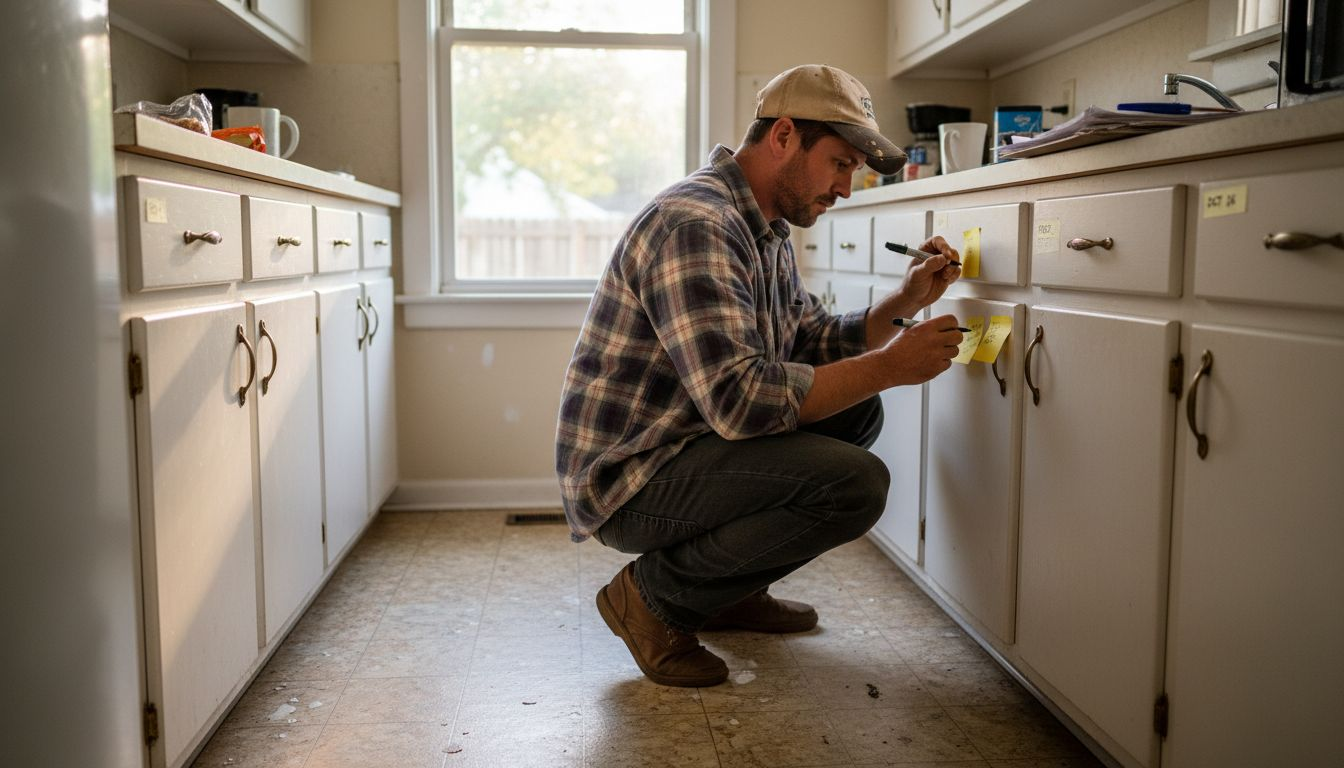 Contractor estimating cabinet sizes in kitchen