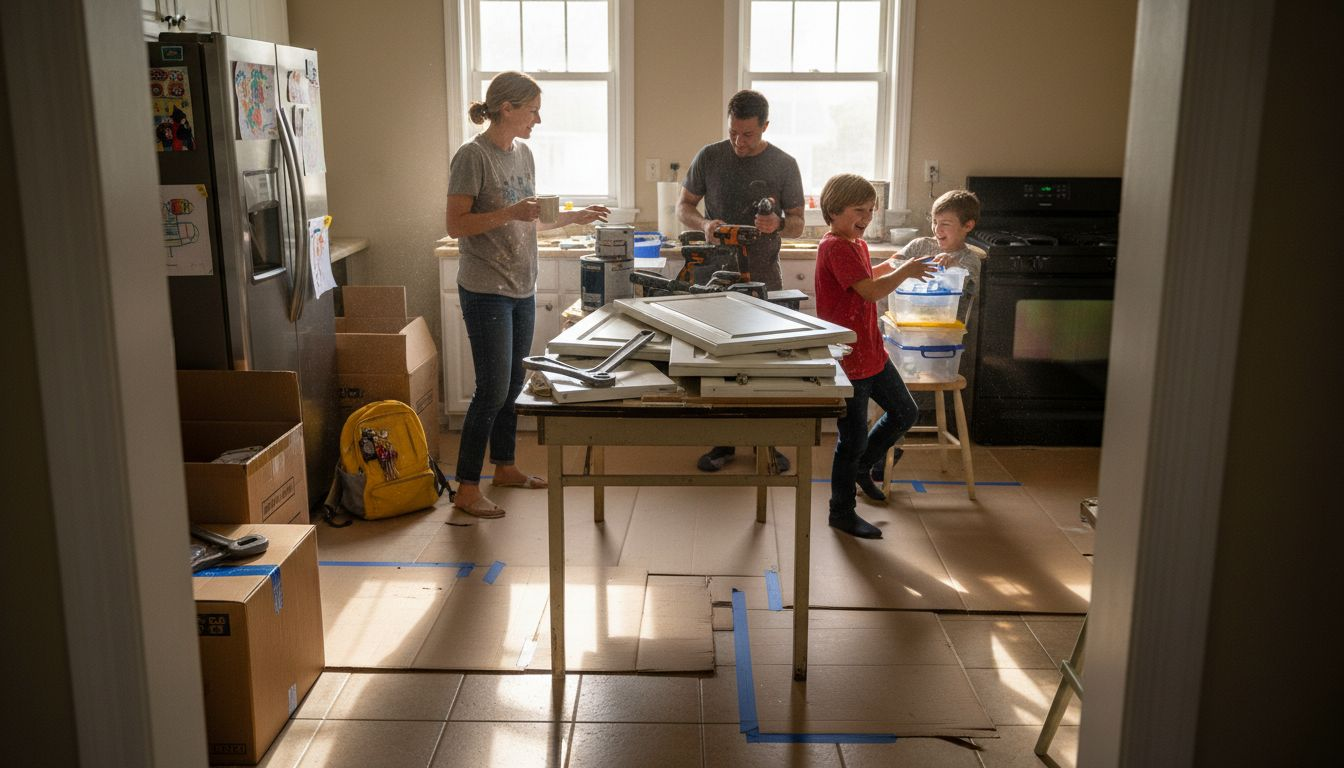Family experiencing cabinet remodel disruption