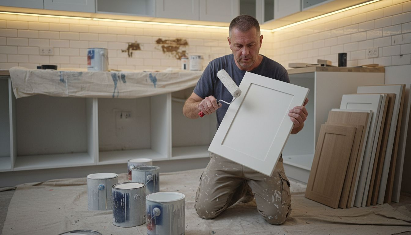 Contractor checks cabinet material and finish