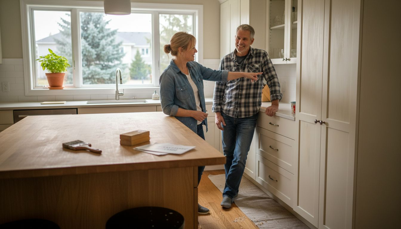 Couple admiring newly refinished kitchen cabinets