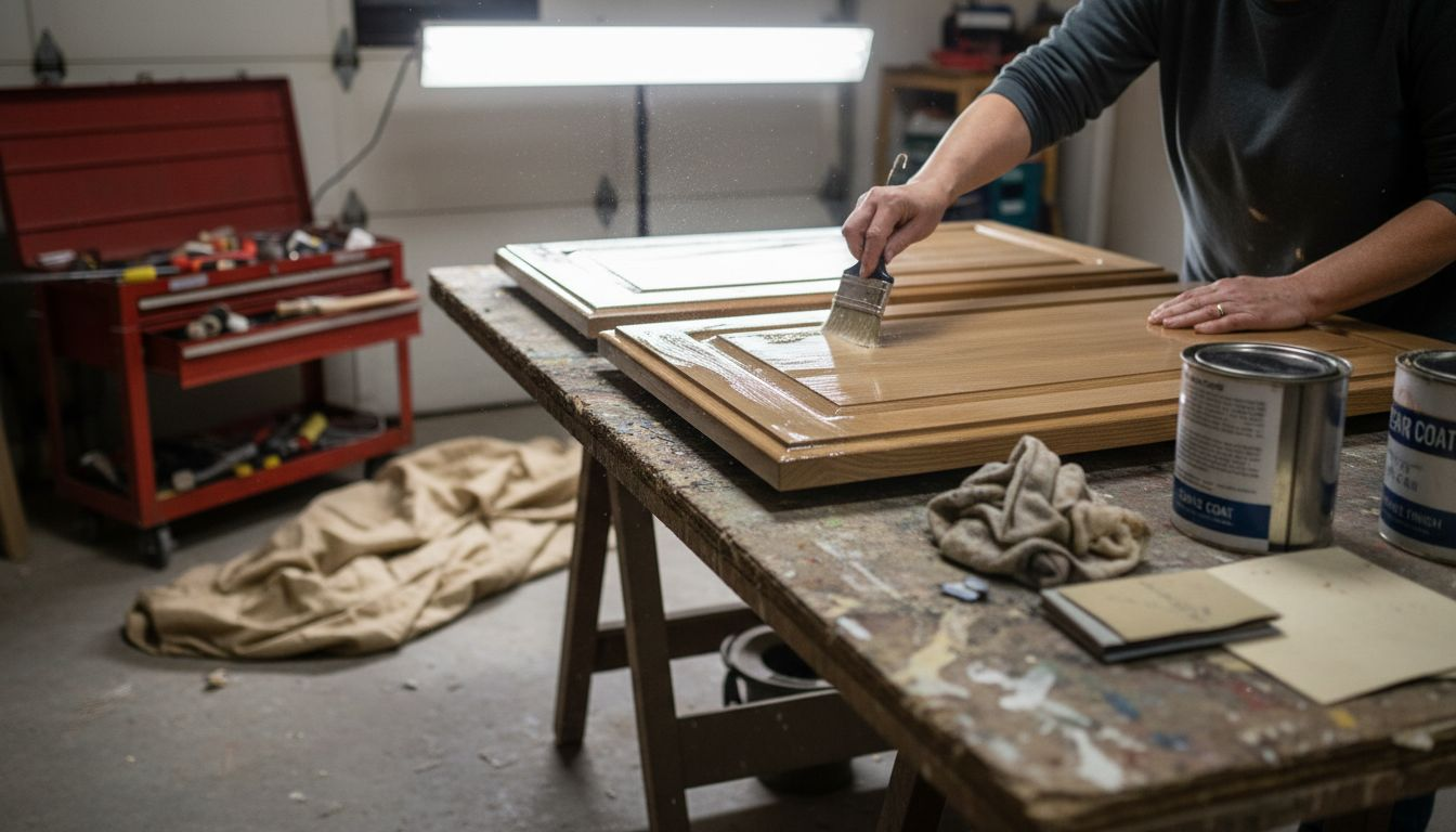Painter applying clear coat to cabinets