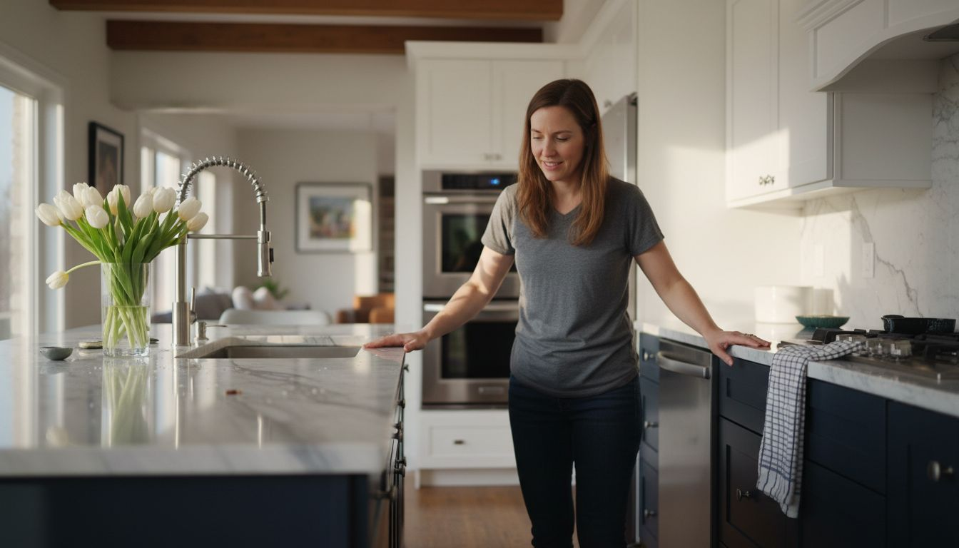 Homeowner checking glossy Ottawa kitchen cabinets