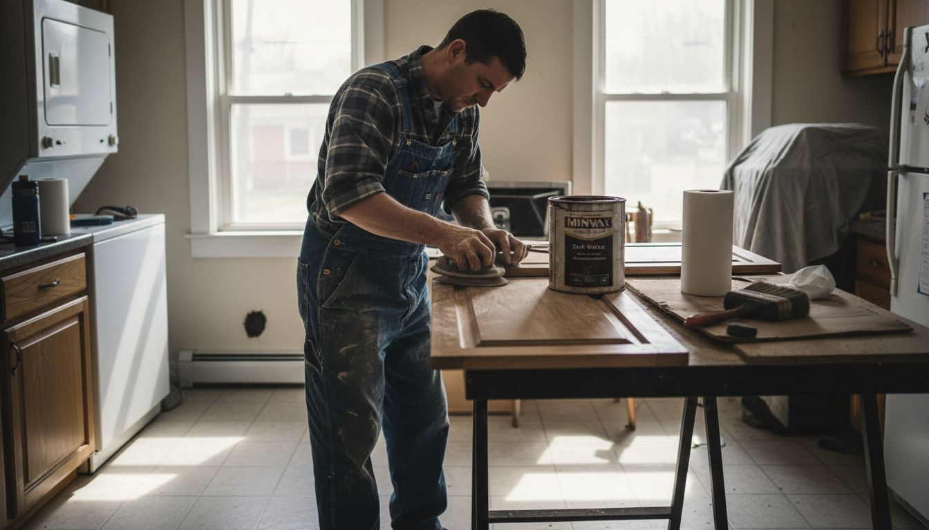 Professional stains a kitchen cabinet door