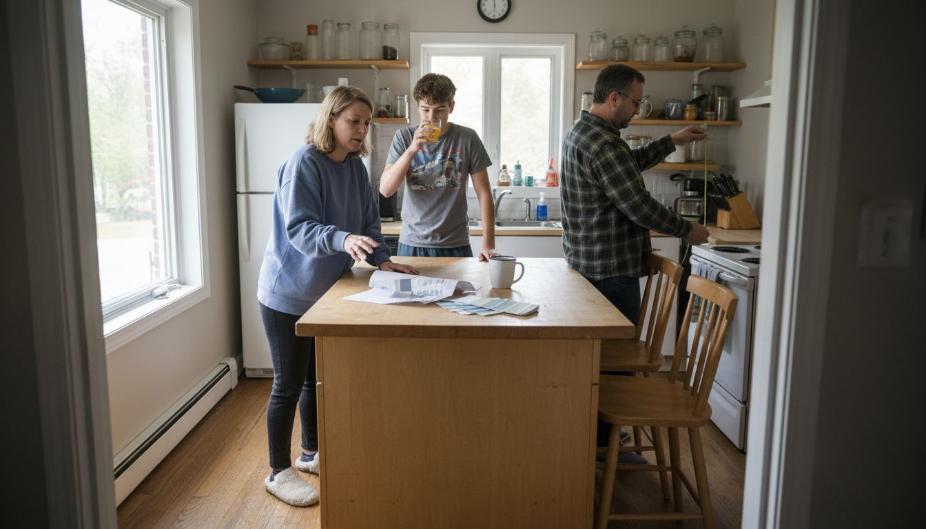 Ottawa family reviewing kitchen cabinet plans