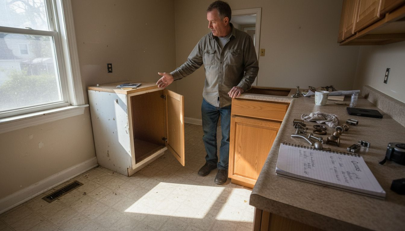 Contractor comparing cabinet wood materials