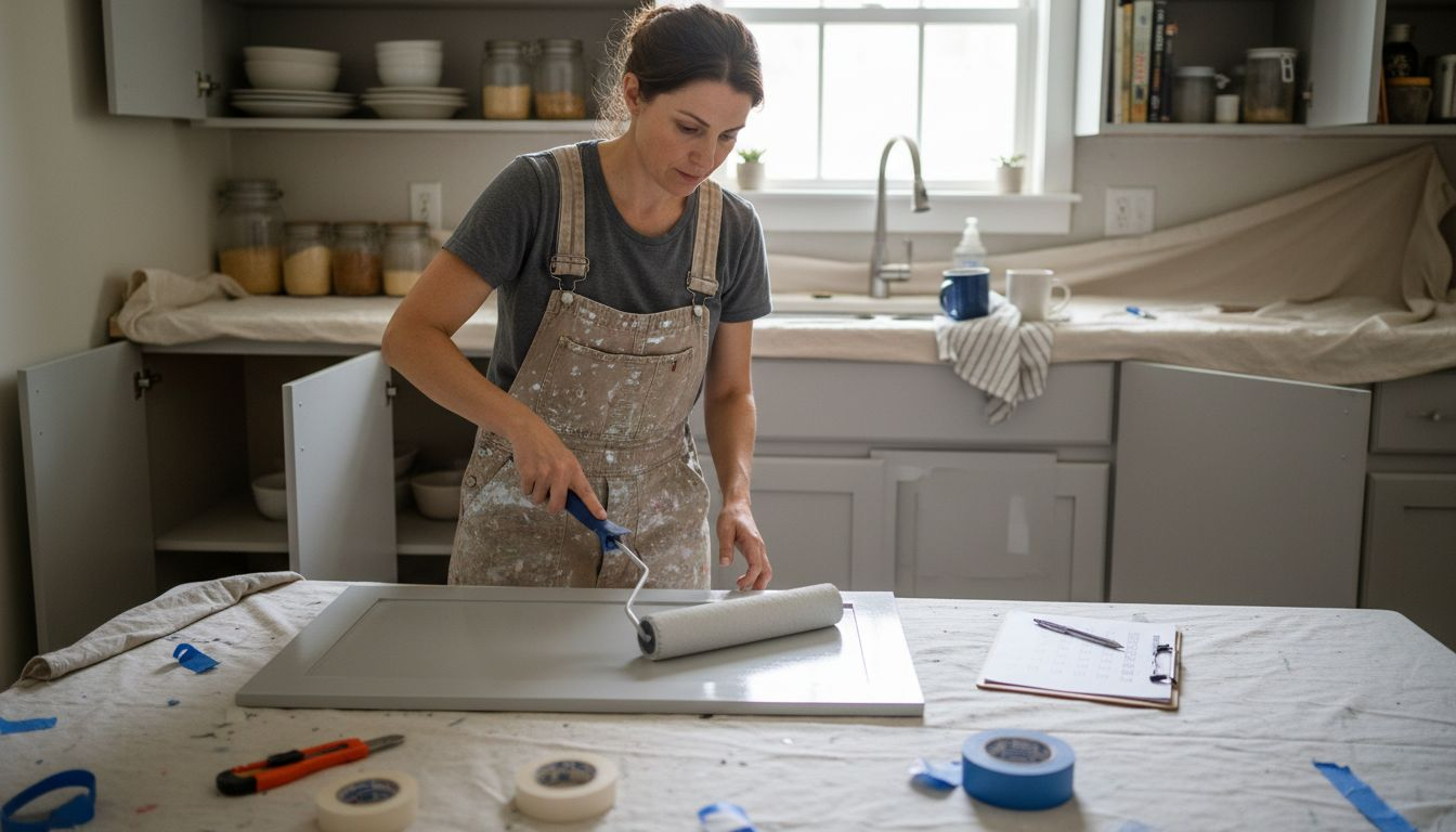 Painter applying new paint to kitchen cabinets