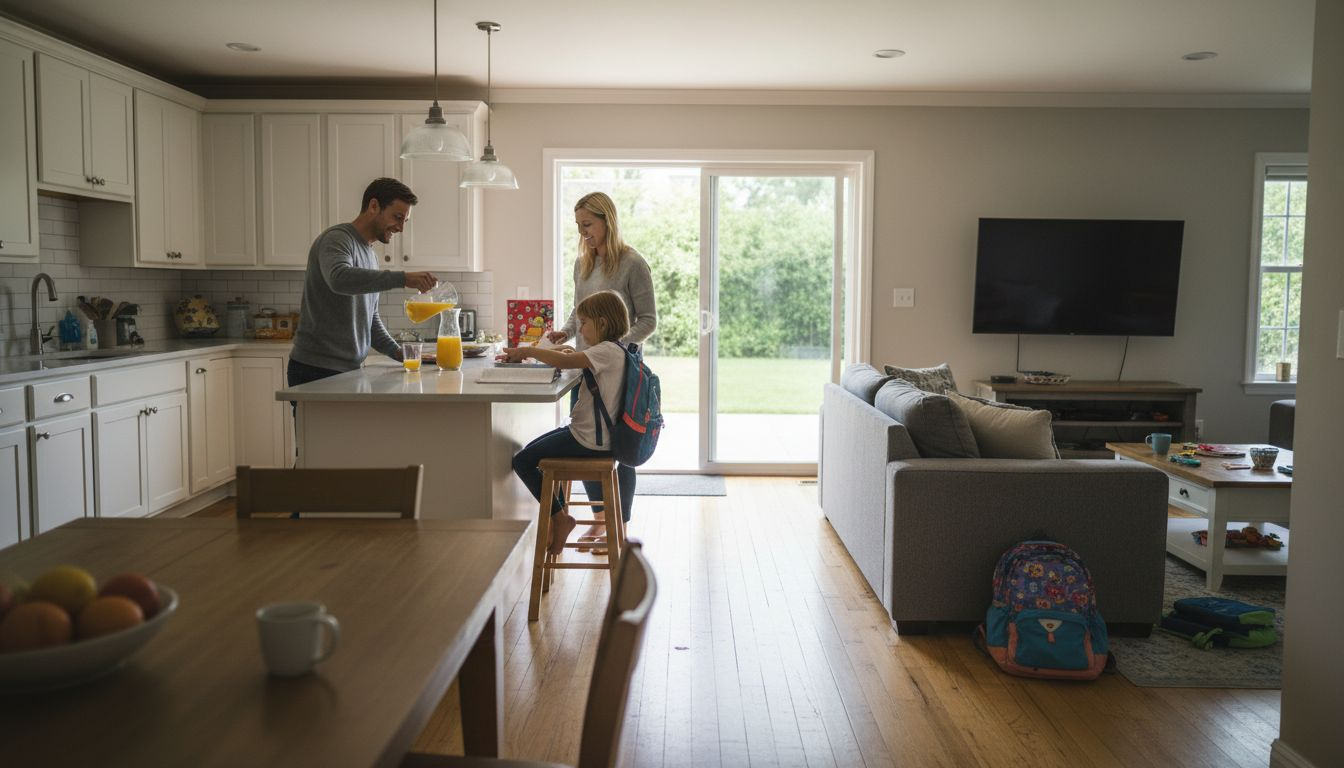 Family in bright kitchen family room with painted cabinets