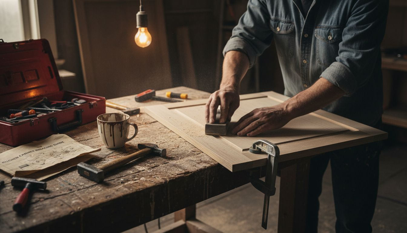 Man sanding cabinet door with sandpaper