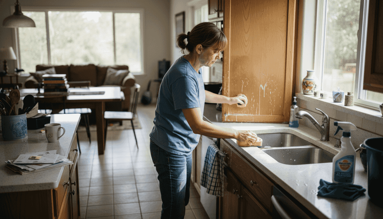 Homeowner cleaning kitchen cabinet doors