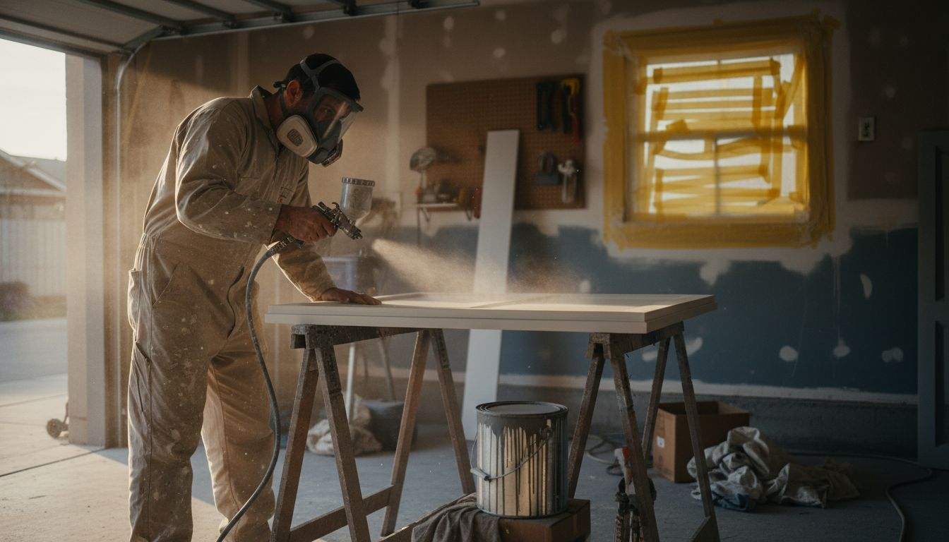 Painter spraying cabinet doors in workspace