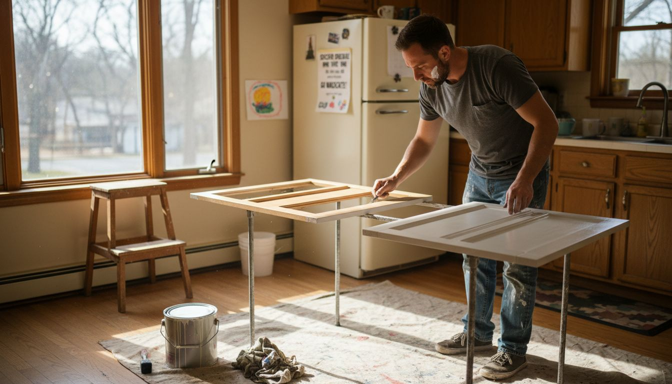 Painter working on kitchen cabinet doors