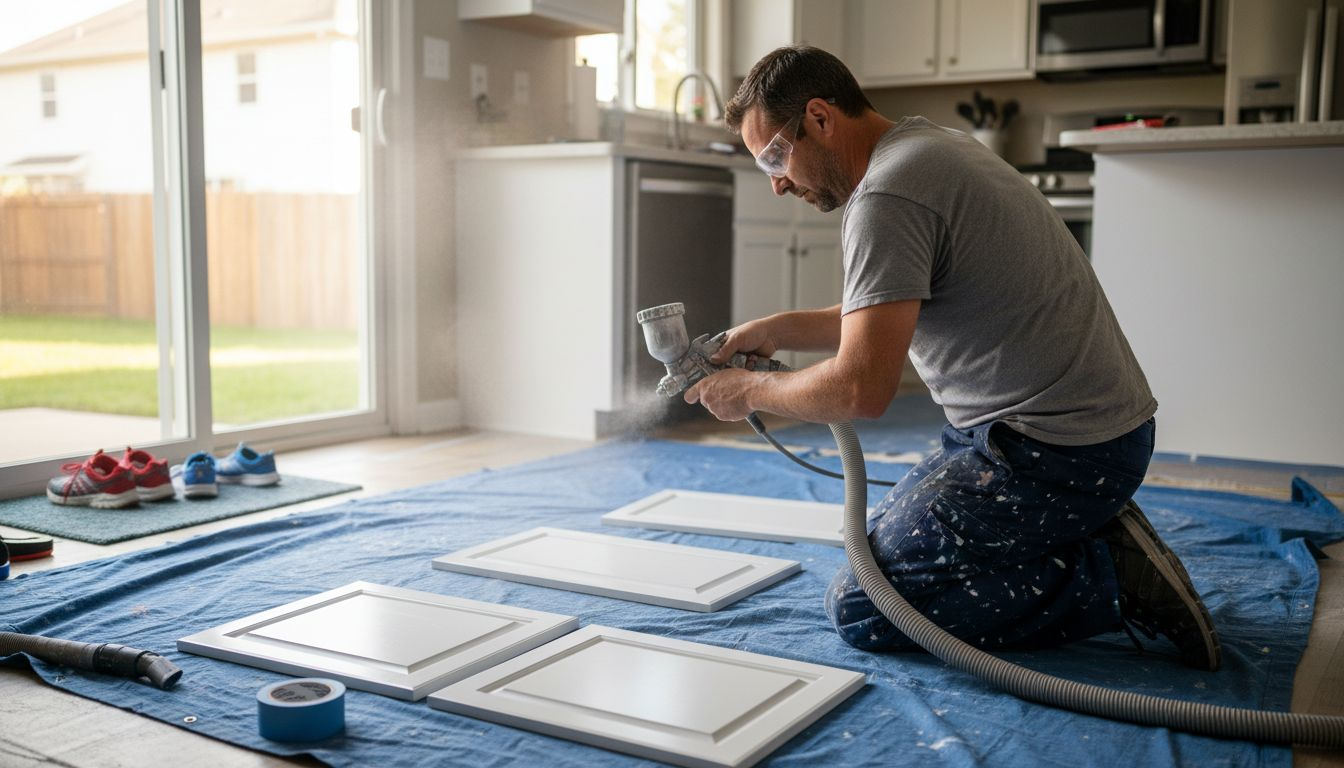 Painter quietly spraying kitchen cabinet doors