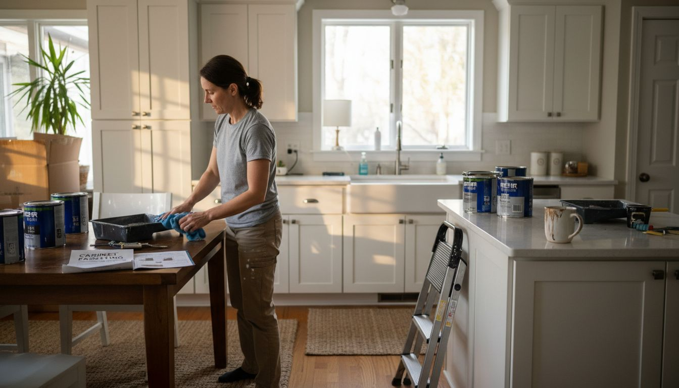 Homeowner preps kitchen cabinets for painting