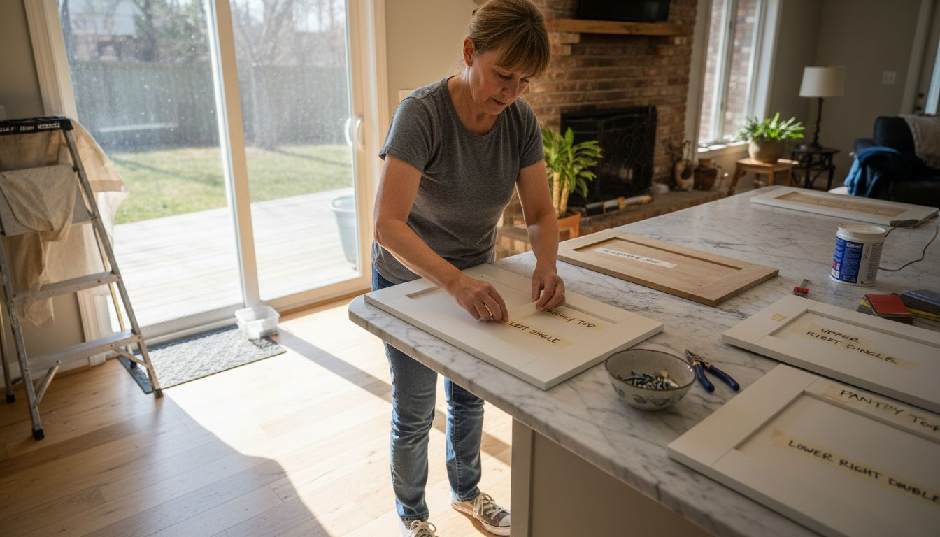 Person labeling removed cabinet doors