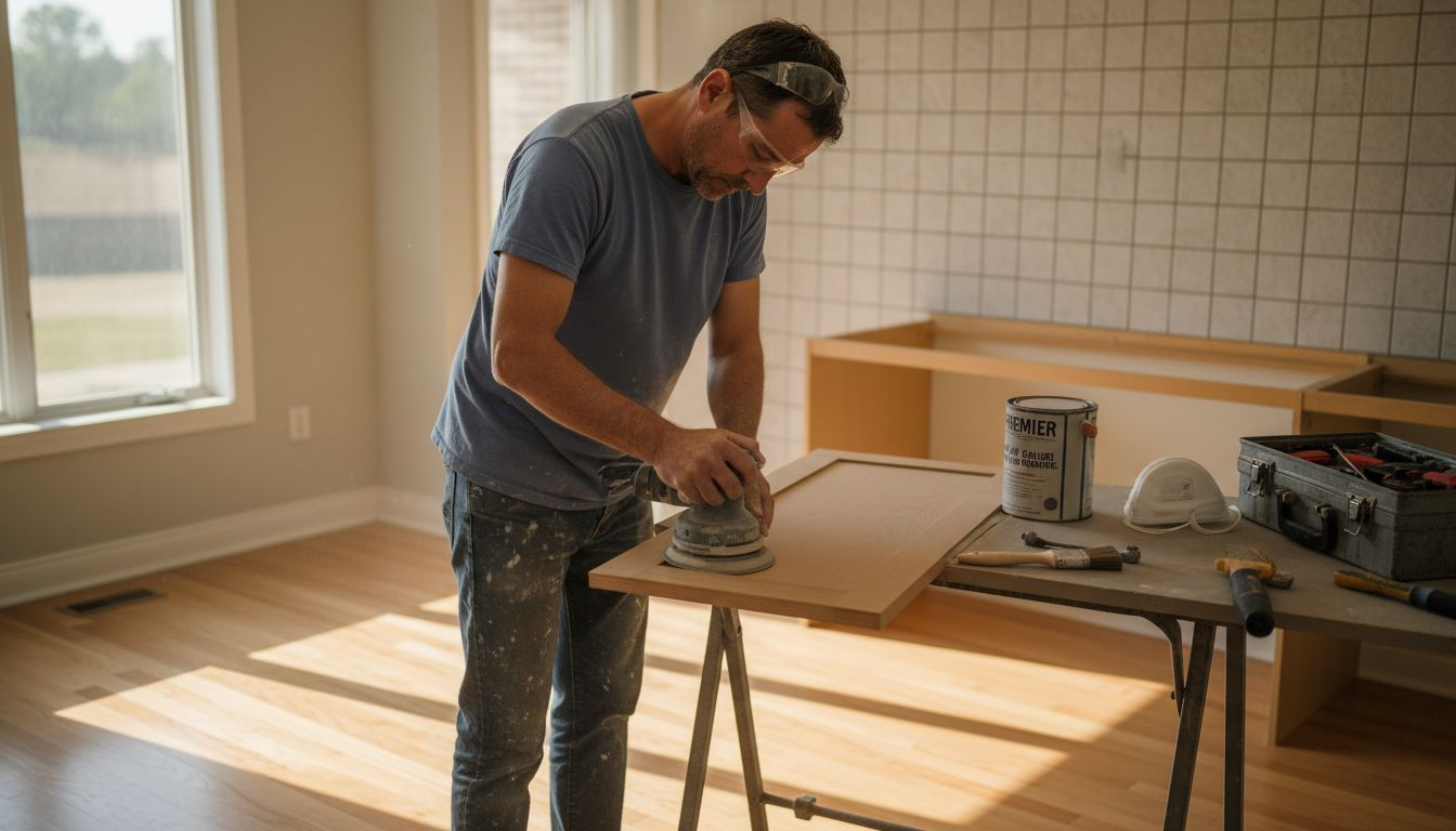 Expert sanding cabinet door in kitchen