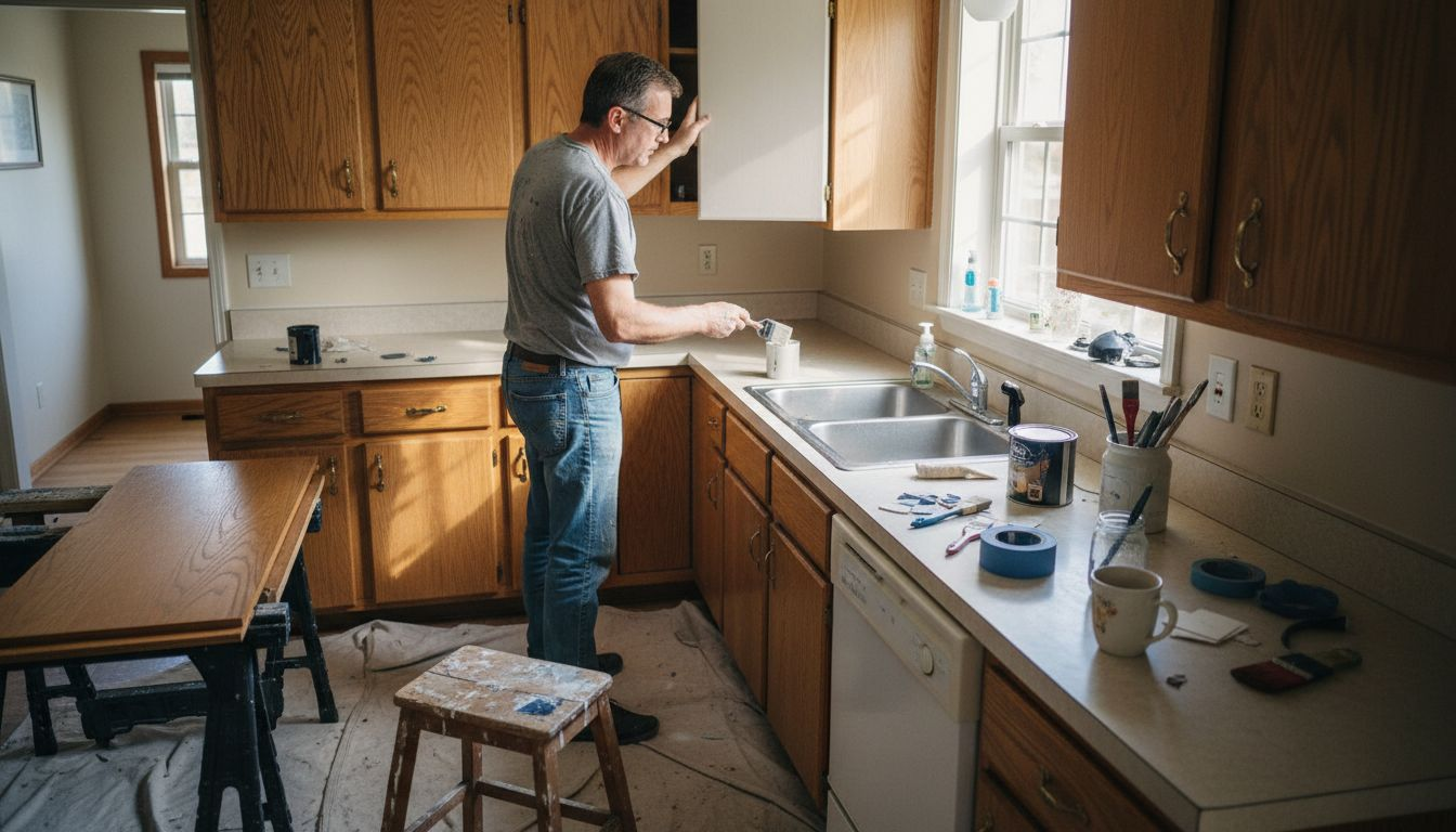 Homeowner painting upper kitchen cabinets