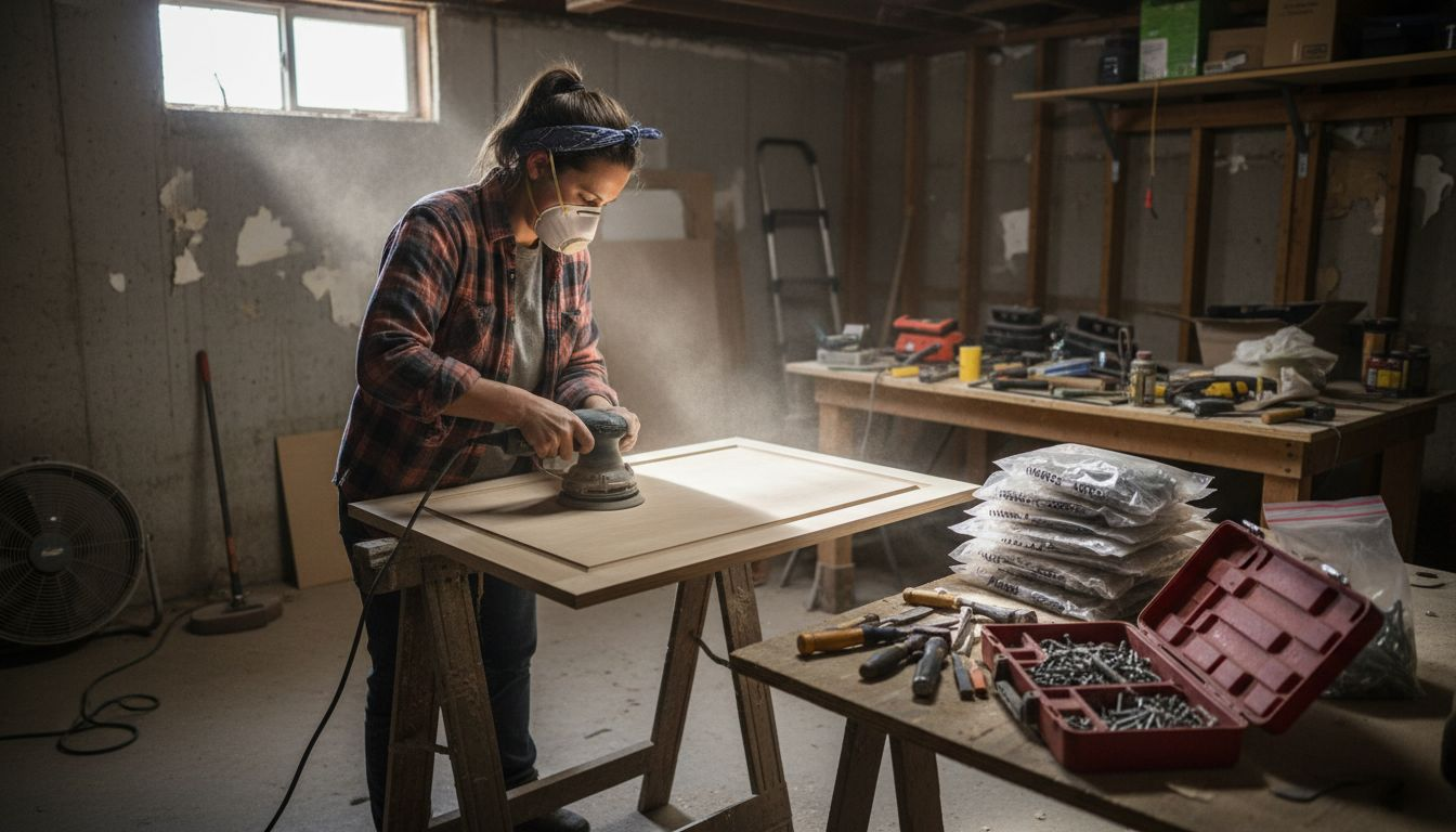 Sanding kitchen cabinet door on sawhorses