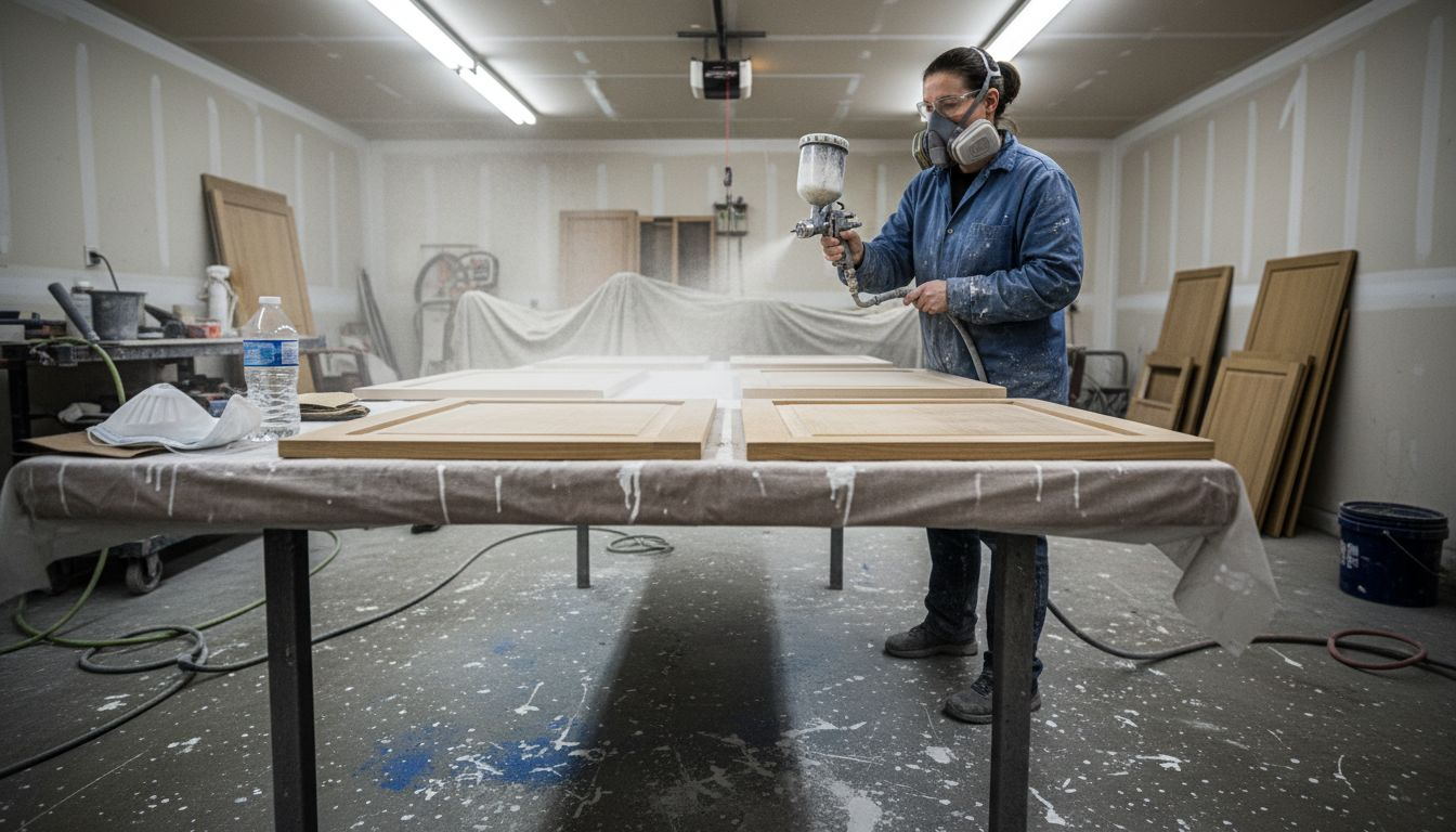 Spray finishing cabinets in Ottawa garage