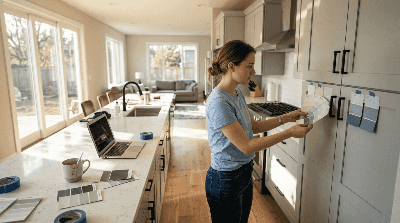 Homeowner reviewing kitchen cabinet color samples
