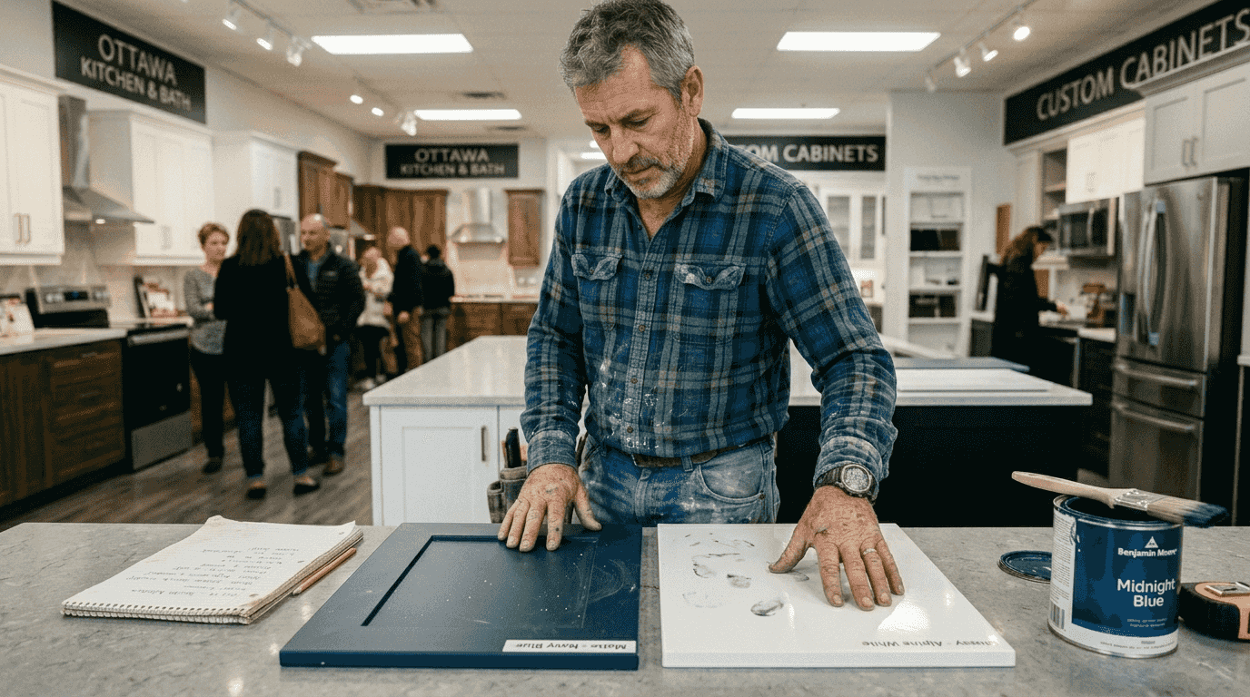 Installer inspecting cabinet finish samples