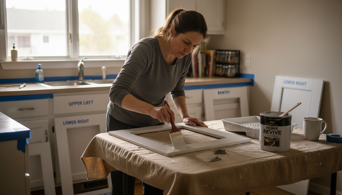 Homeowner painting detached kitchen cabinet door