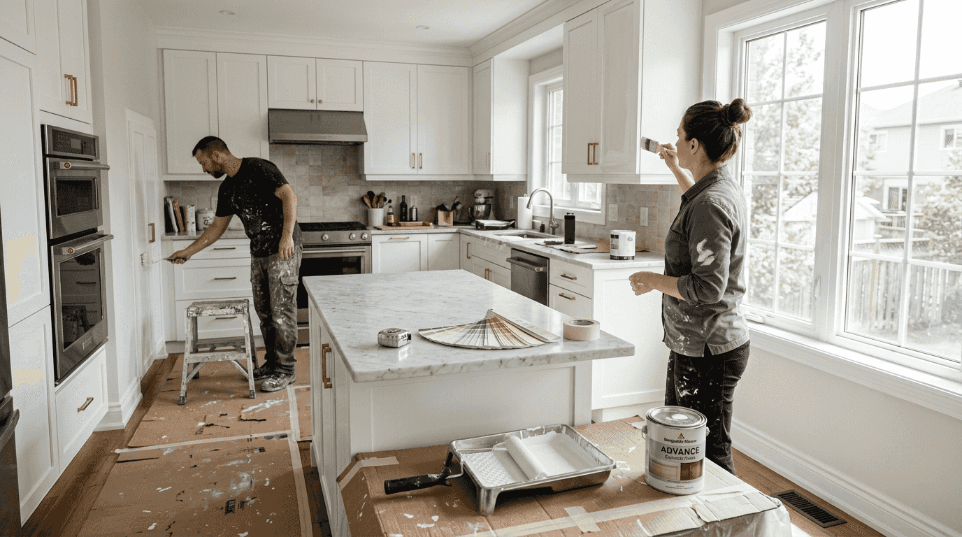 Team painting kitchen cabinets in Ottawa
