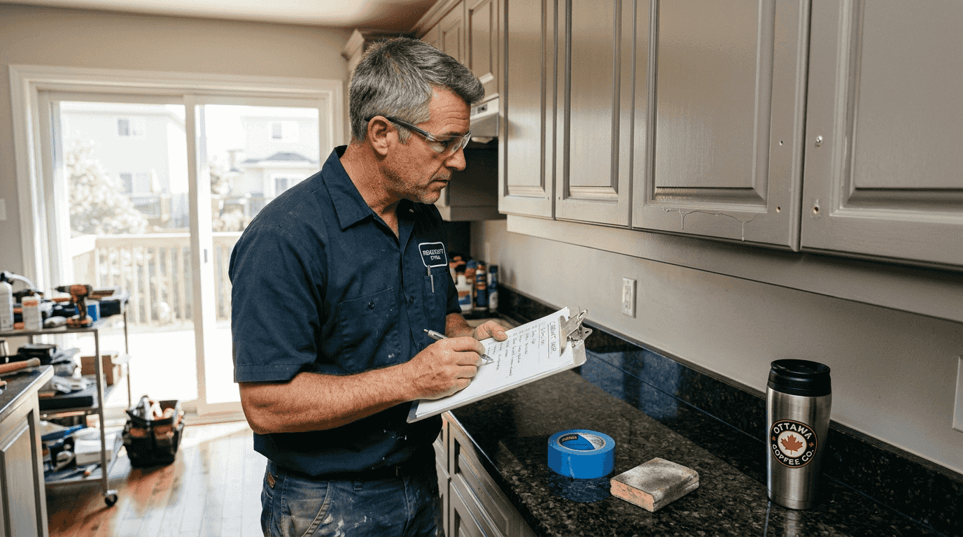Contractor inspecting freshly painted cabinets