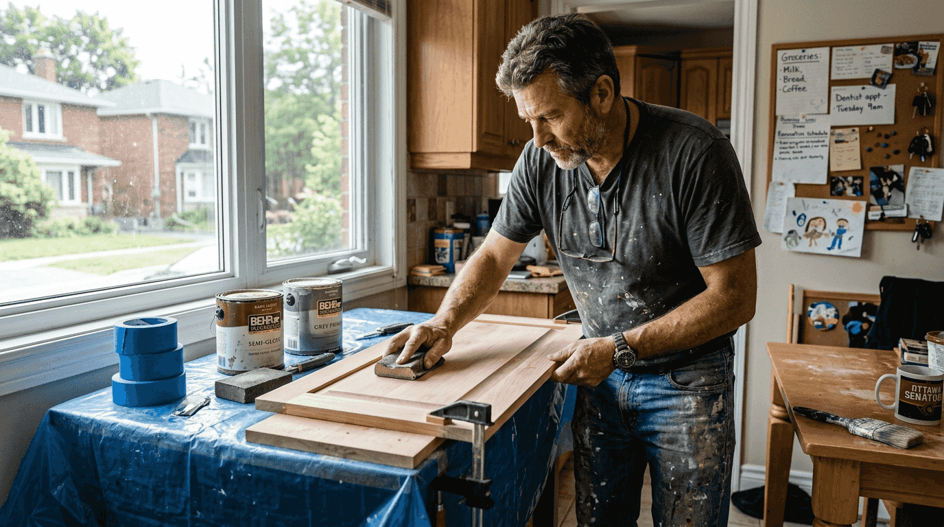 Painter prepping kitchen cabinet in Ottawa home
