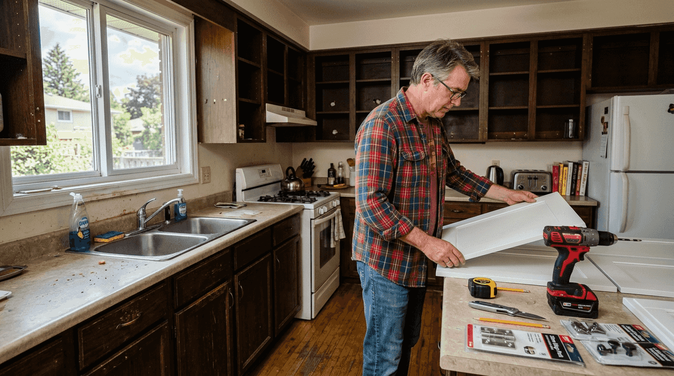 Homeowner examining cabinet doors for refacing