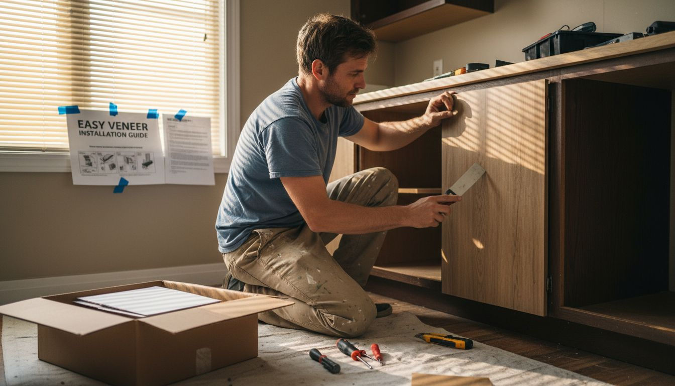 Contractor applying veneer during refacing process