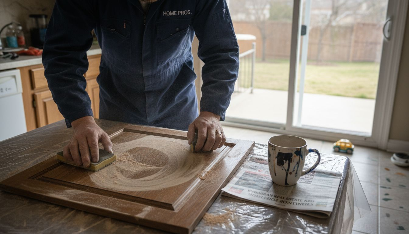 Professional sanding cabinet door in kitchen