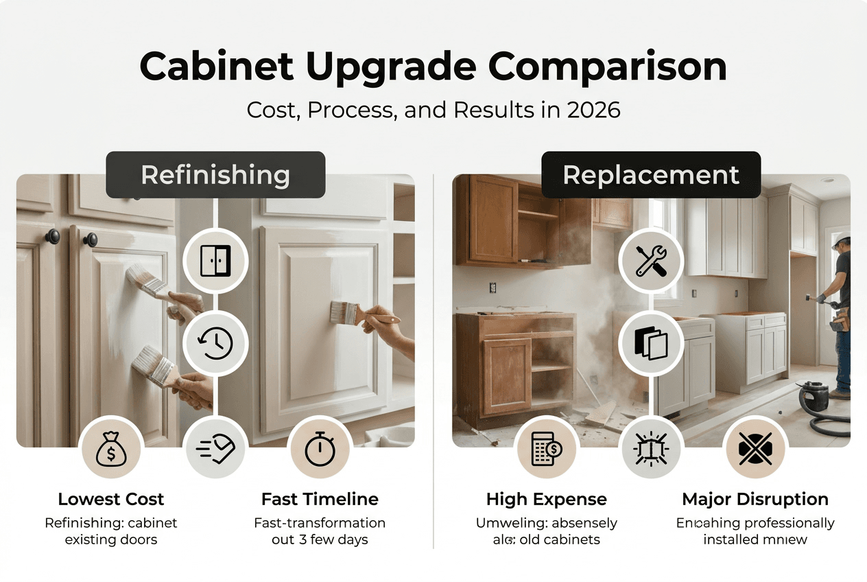 Infographic comparing cabinet refinishing and replacement