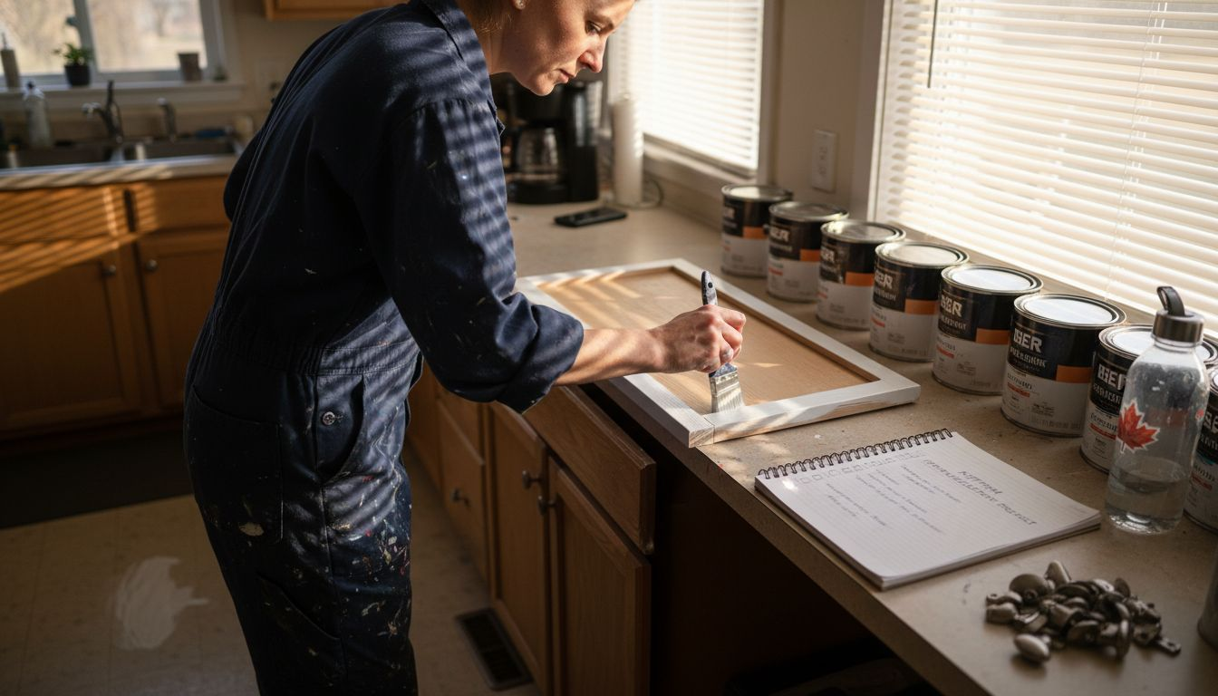 Painter priming kitchen cabinet drawer Ottawa