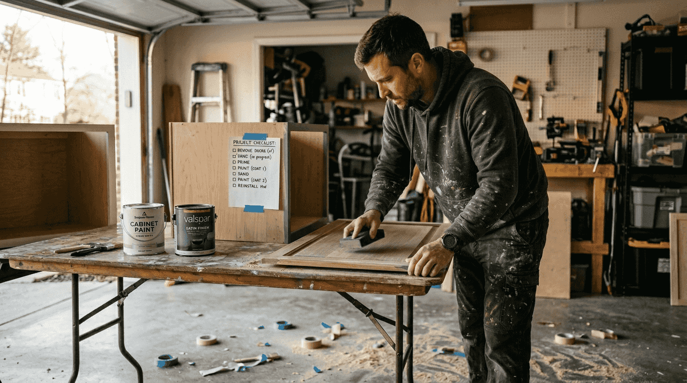 Painter prepping cabinet door on worktable
