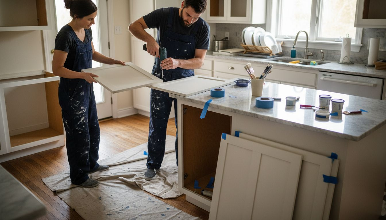 Professional painters preparing cabinets in Ottawa kitchen