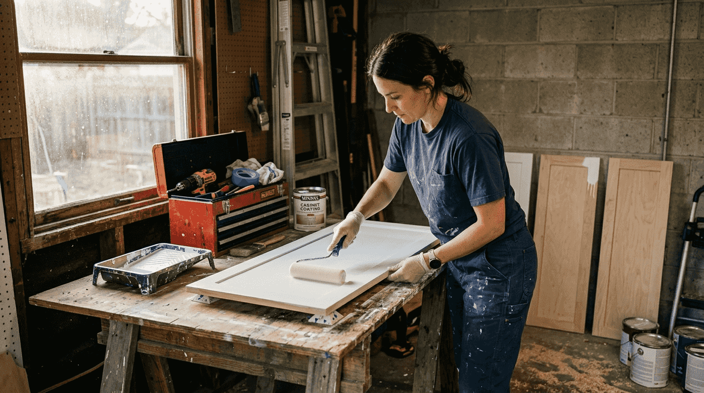 Painter using foam roller on cabinet door