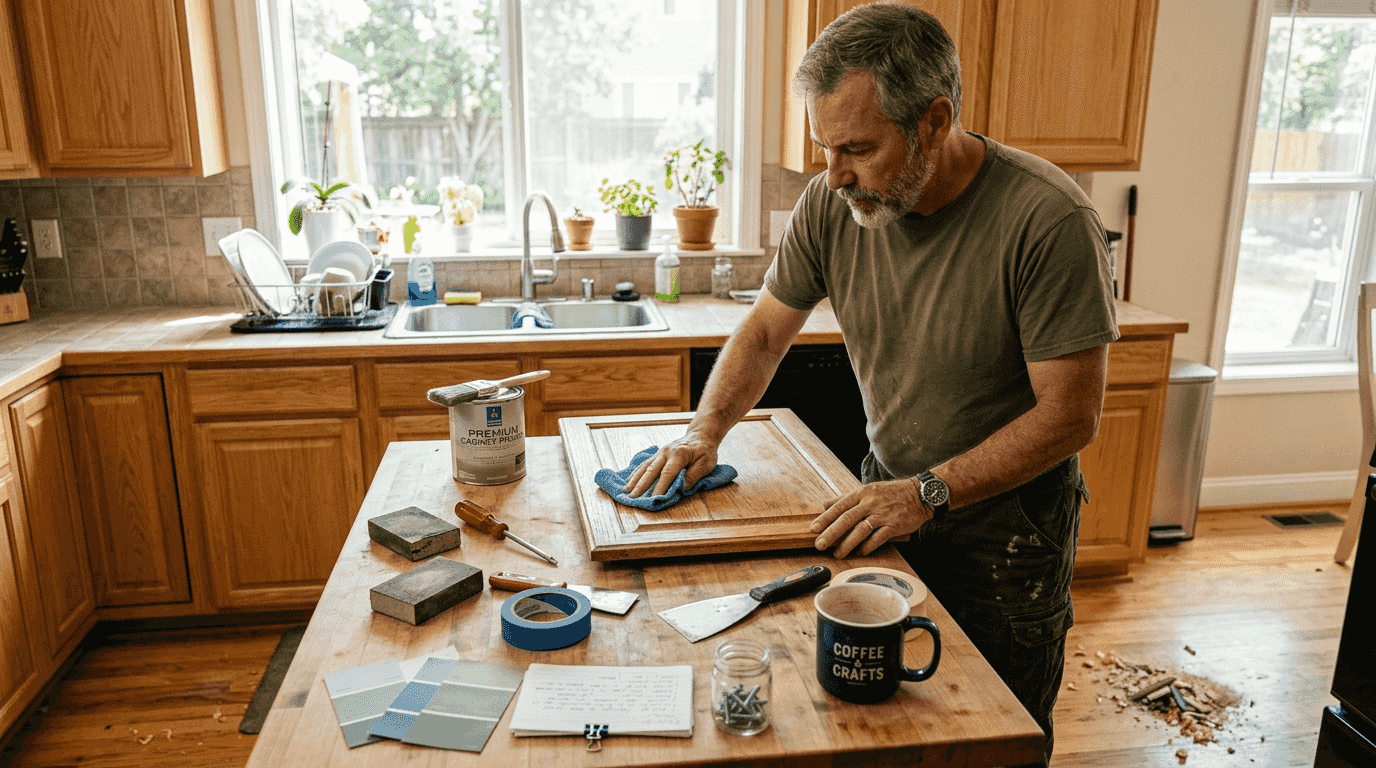 Homeowner preparing cabinet door for painting