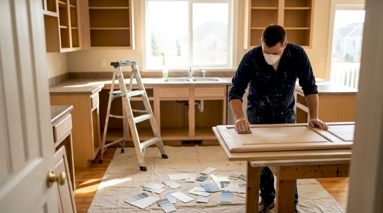 Cabinet refinishing underway in homeowner kitchen