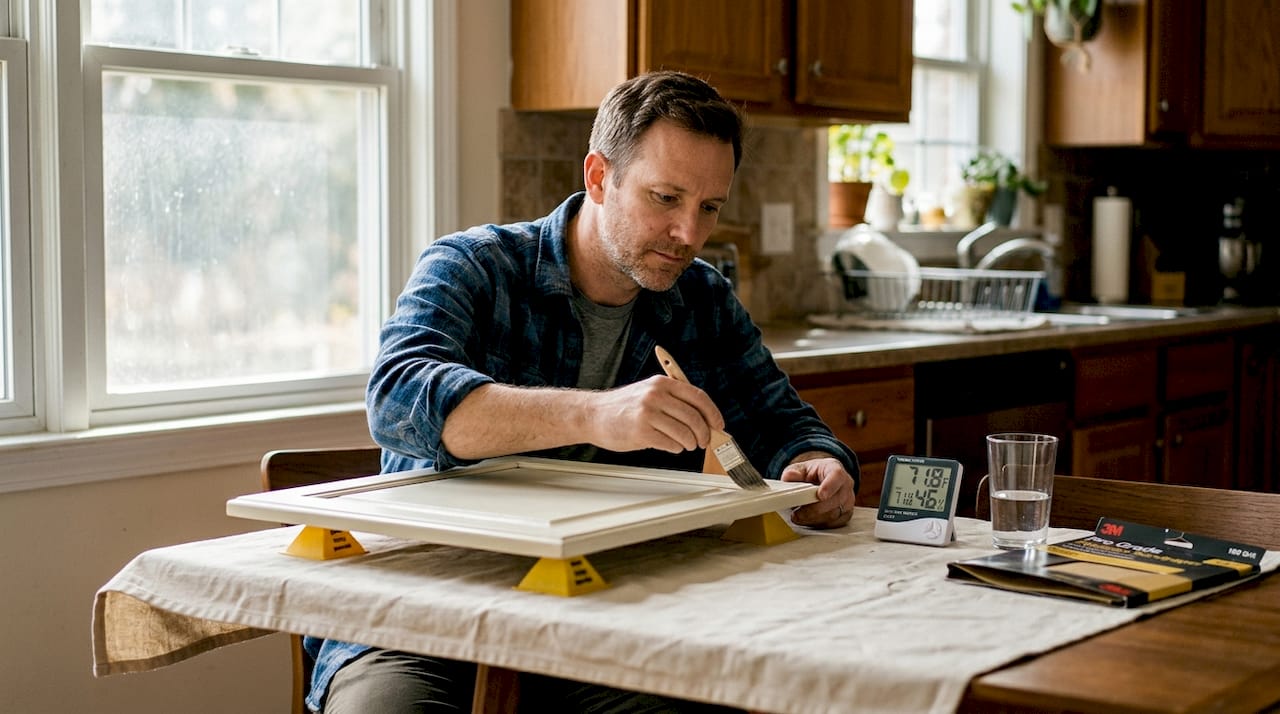 Man painting cabinet door monitoring humidity