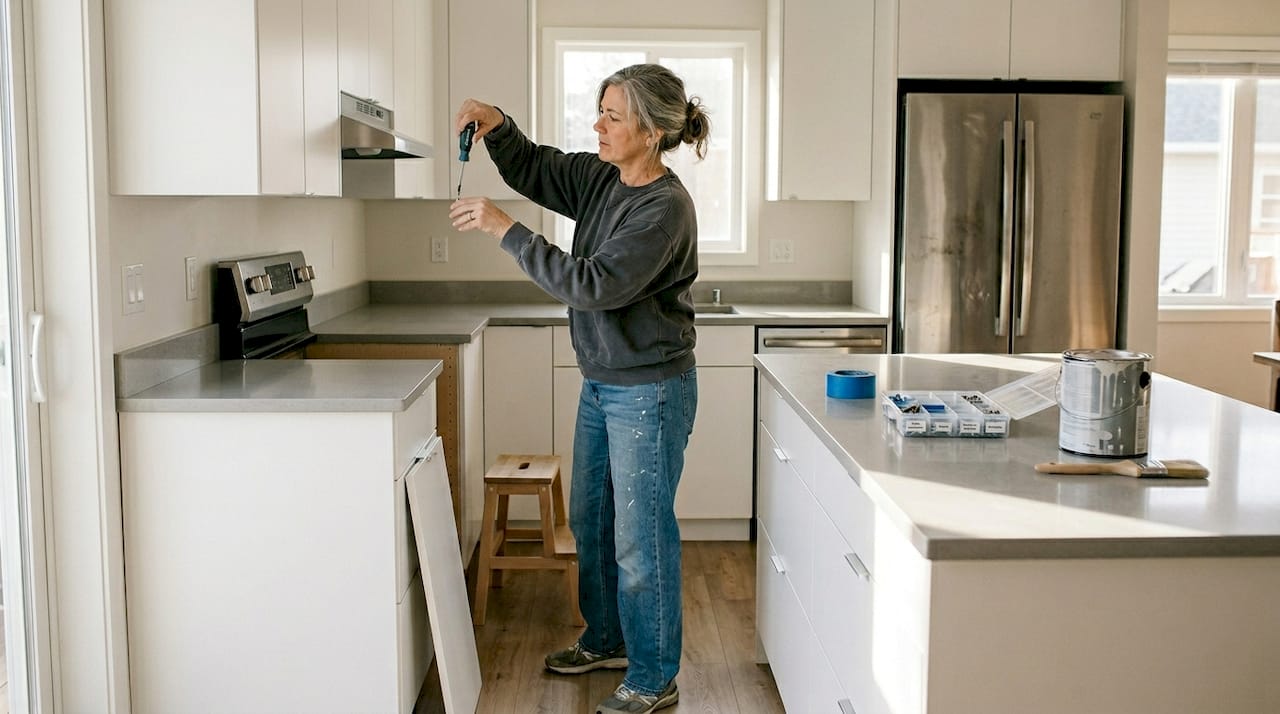 Homeowner removing cabinet door in modern kitchen