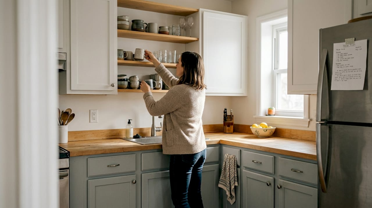 Small kitchen with trendy cabinets in use