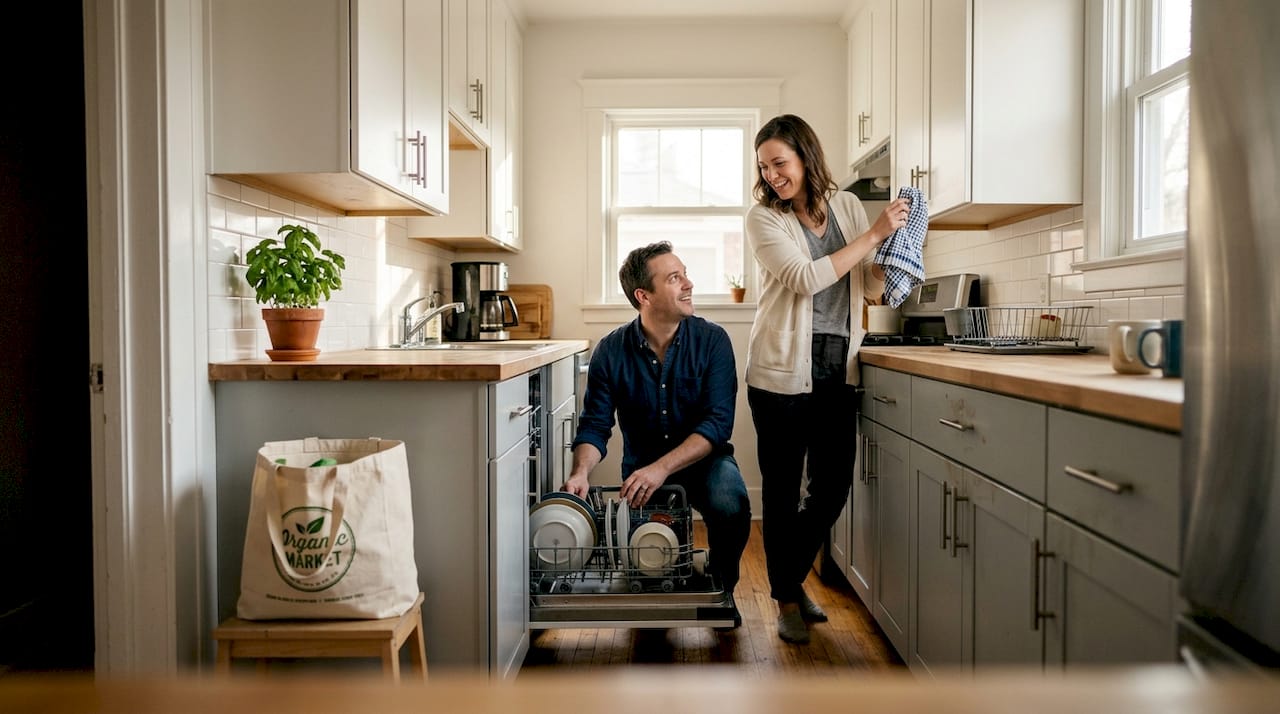 Two-tone cabinets in a lived-in small kitchen